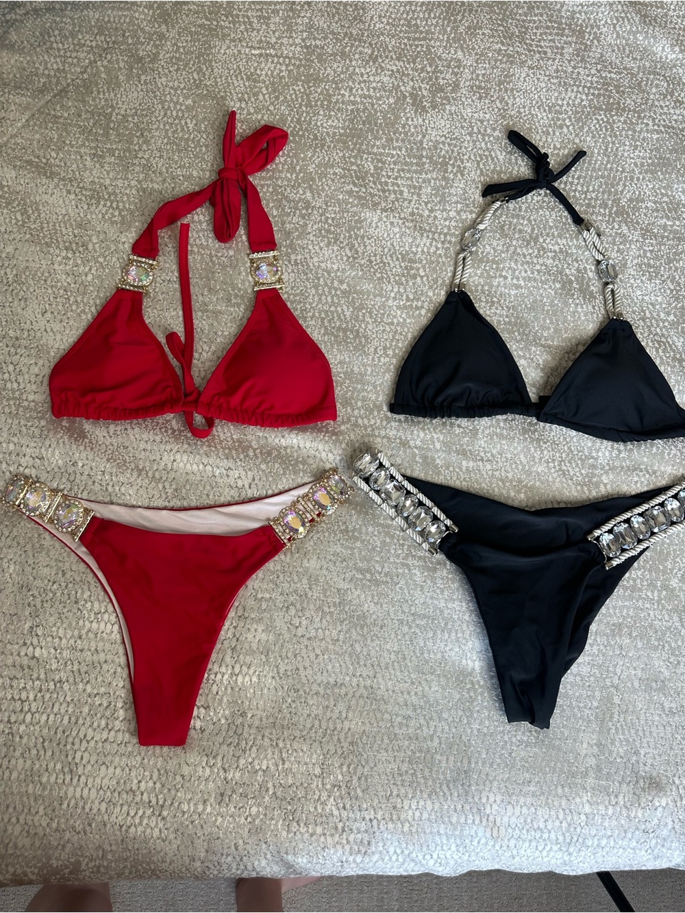 Red & Black Jeweled Bikini Set - Sparkling Accent Swimwear